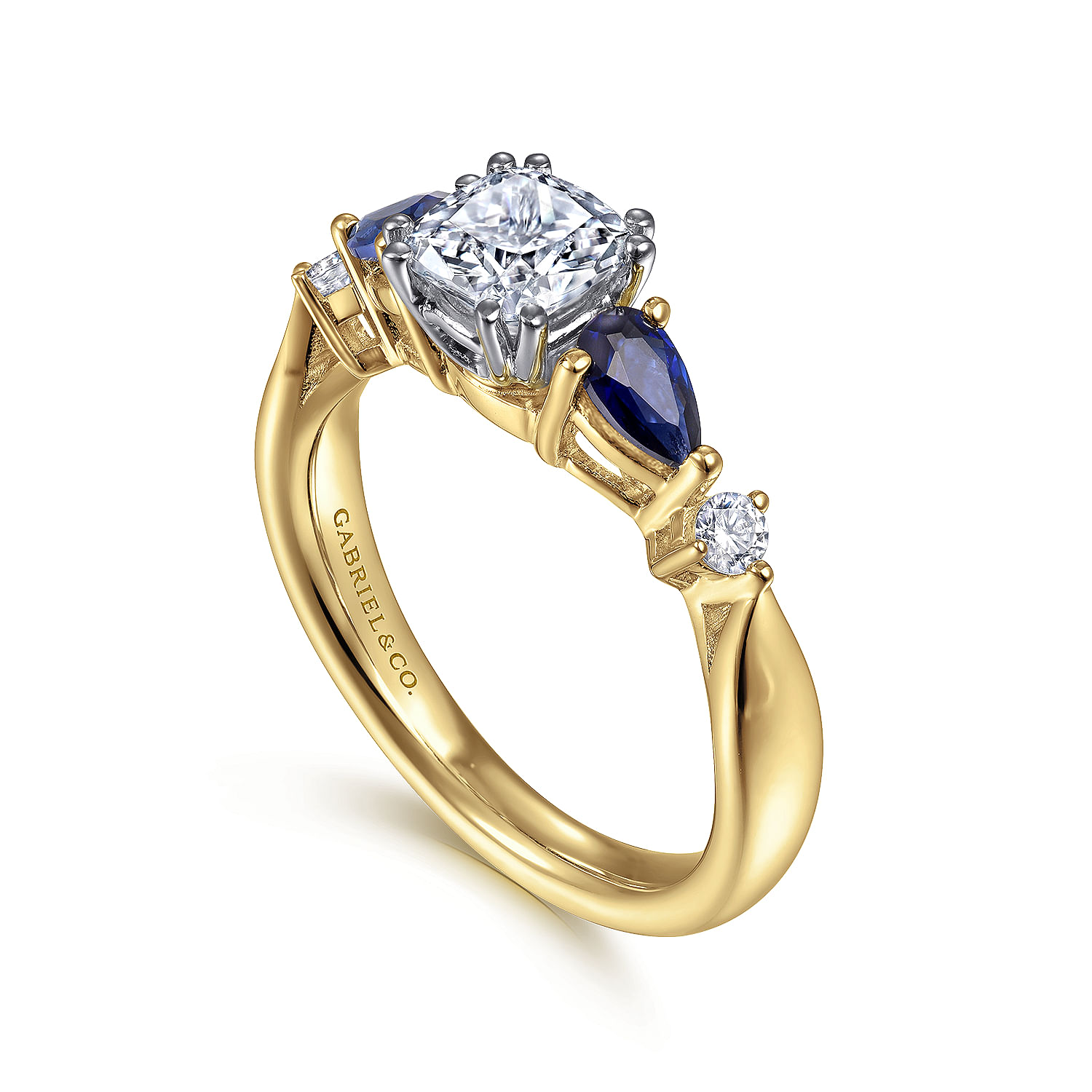 14K White-Yellow Gold Cushion Cut Five Stone Sapphire and Diamond Engagement Ring