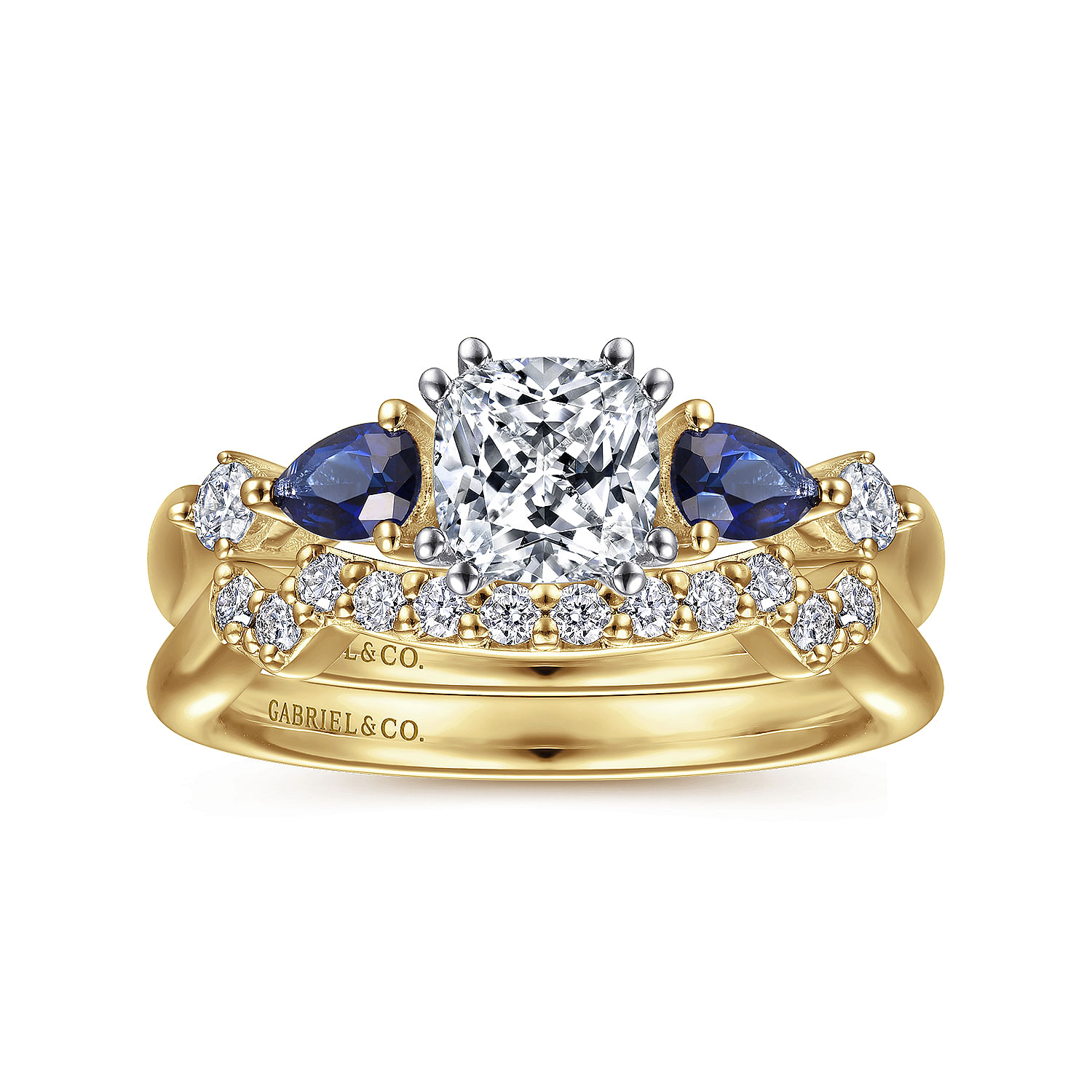 14K White-Yellow Gold Cushion Cut Five Stone Sapphire and Diamond Engagement Ring