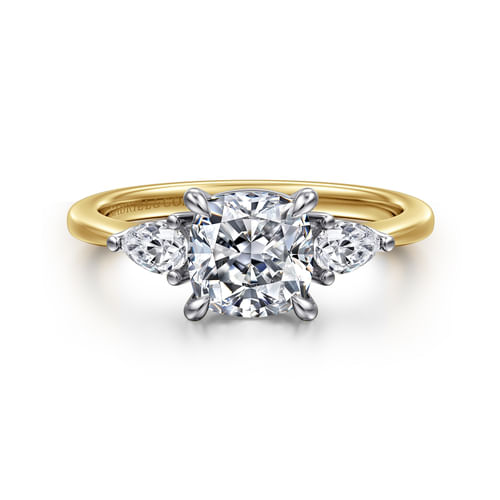 14K White-Yellow Gold Cushion Cut Three Stone Diamond Engagement Ring