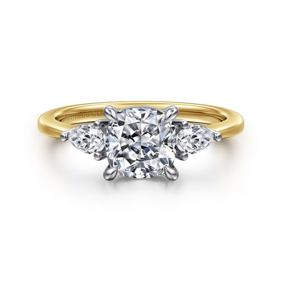 Gabriel - 14K White-Yellow Gold Cushion Cut Three Stone Diamond Engagement Ring