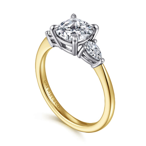 14K White-Yellow Gold Cushion Cut Three Stone Diamond Engagement Ring