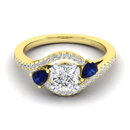 14K White-Yellow Gold Cushion Cut Three Stone Sapphire and Diamond Engagement Ring