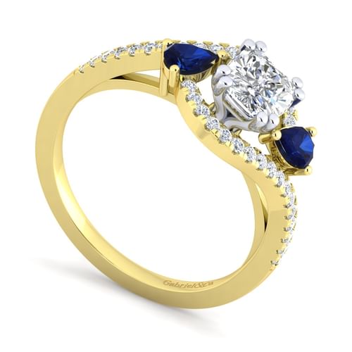 14K White-Yellow Gold Cushion Cut Three Stone Sapphire and Diamond Engagement Ring