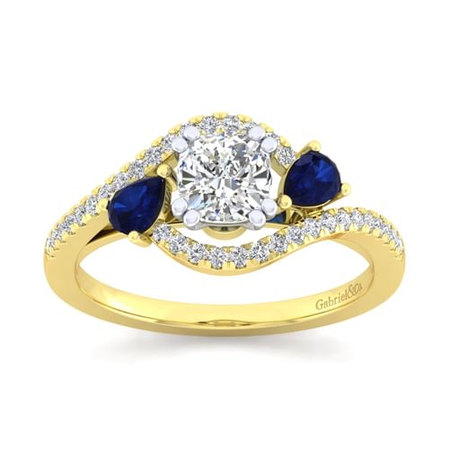 14K White-Yellow Gold Cushion Cut Three Stone Sapphire and Diamond Engagement Ring