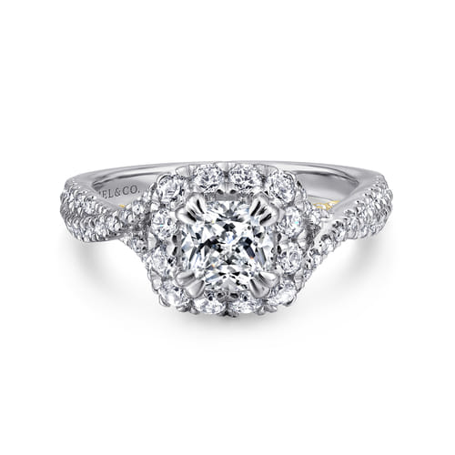 14K White-Yellow Gold Cushion Halo Diamond Engagement Ring