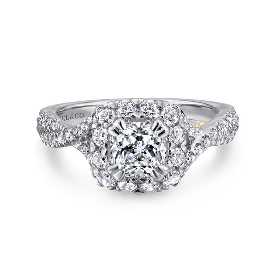 Gabriel - 14K White-Yellow Gold Cushion Halo Diamond Engagement Ring