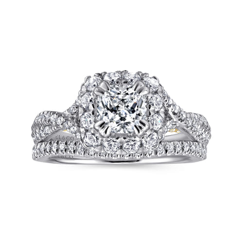 14K White-Yellow Gold Cushion Halo Diamond Engagement Ring