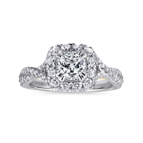 14K White-Yellow Gold Cushion Halo Diamond Engagement Ring