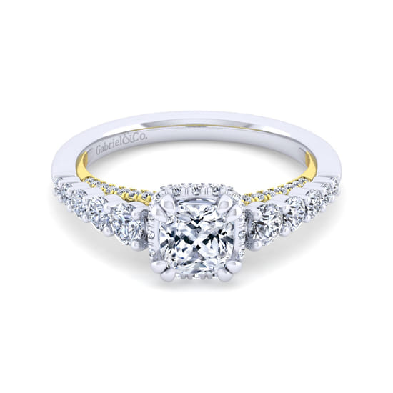 Gabriel - 14K White-Yellow Gold Cushion Hidden Halo Diamond Engagement Ring