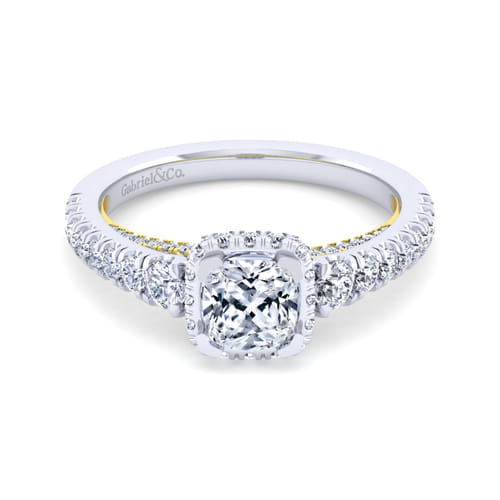 14K White-Yellow Gold Cushion Hidden Halo Diamond Engagement Ring