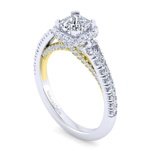 14K White-Yellow Gold Cushion Hidden Halo Diamond Engagement Ring