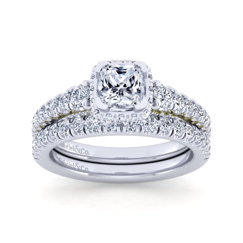 14K White-Yellow Gold Cushion Hidden Halo Diamond Engagement Ring