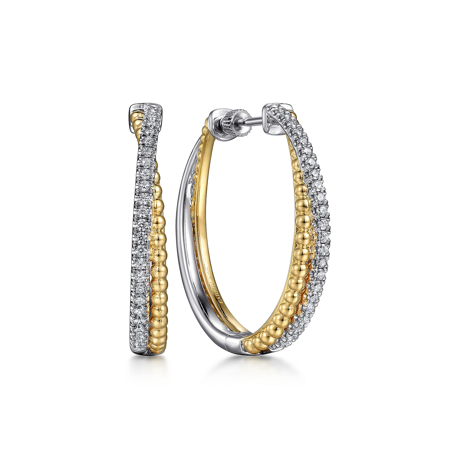 14K White-Yellow Gold Diamond Bujukan Intricate 35mm Hoop Earrings