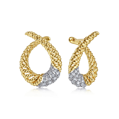 14K White-Yellow Gold Diamond Bypass Hoop Earrings