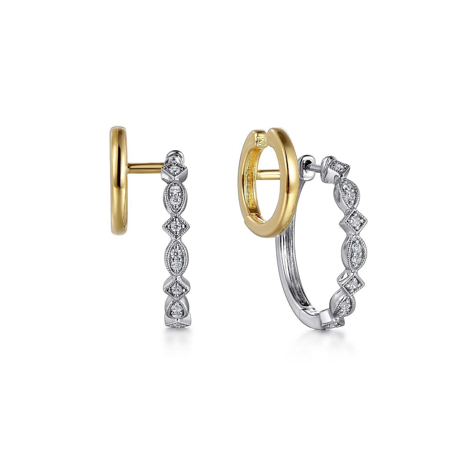 14K White-Yellow Gold Diamond Easy Stackable Hoop Earrings