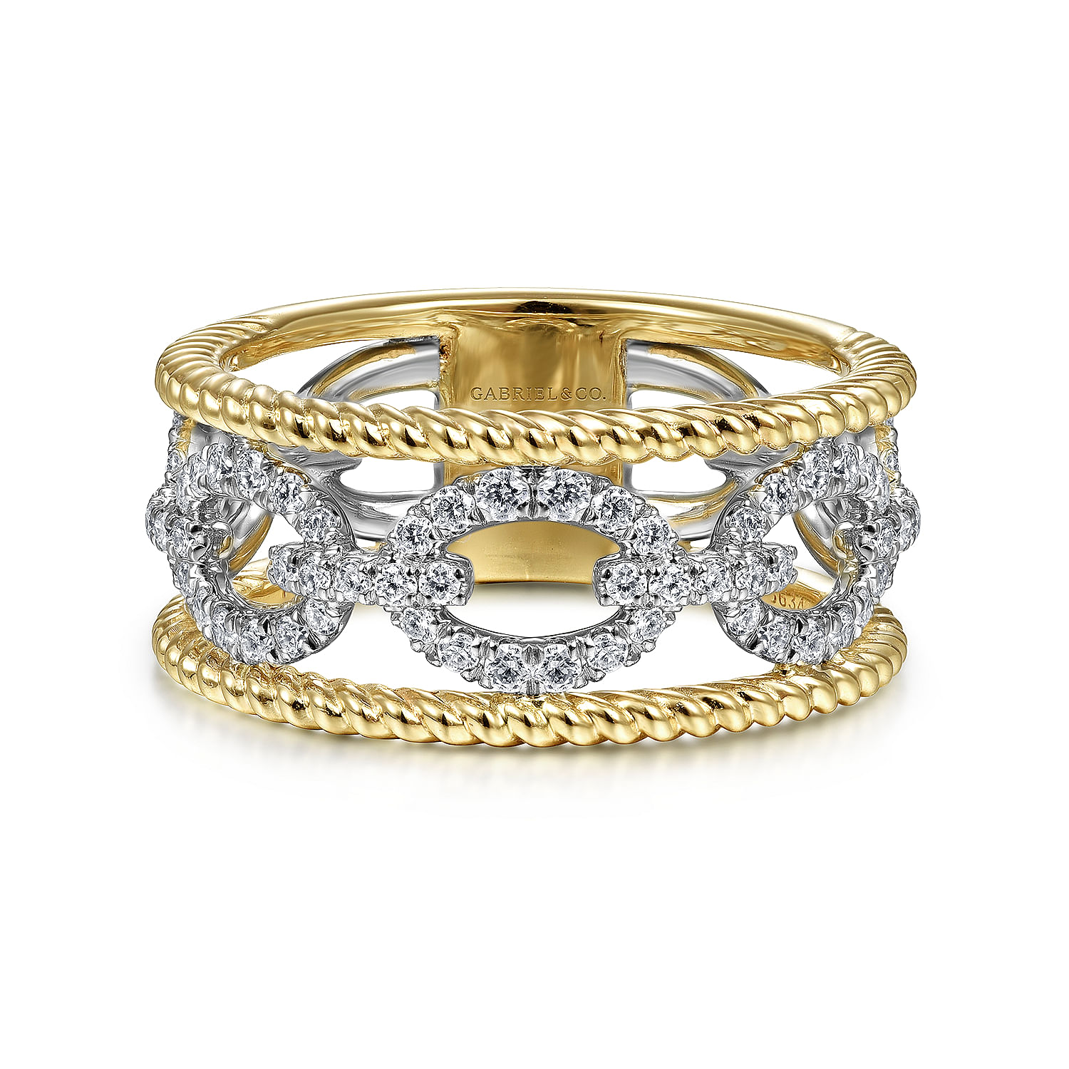 Gabriel - 14K White-Yellow Gold Diamond Link and Twisted Rope Ring