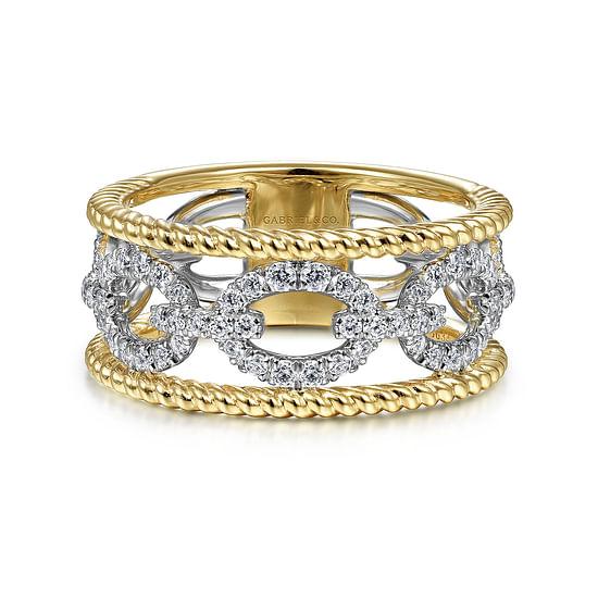 Gabriel - 14K White-Yellow Gold Diamond Link and Twisted Rope Ring