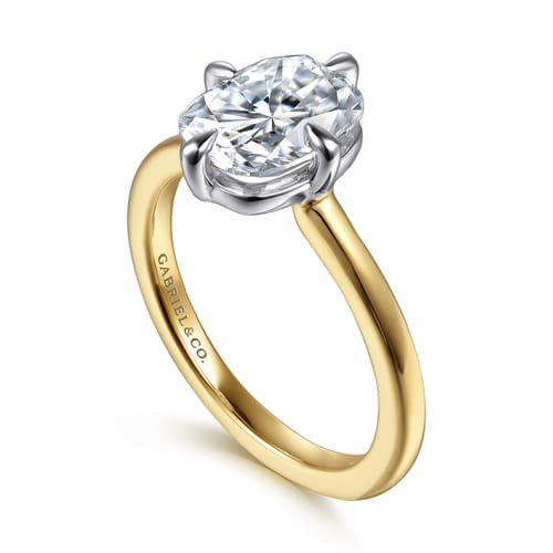 14K White-Yellow Gold Elongated Cushion Compass Prong Solitaire Diamond Engagement Ring