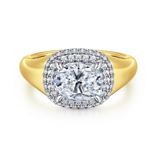 14K White-Yellow Gold Elongated Cushion Double Halo Diamond Engagement Ring