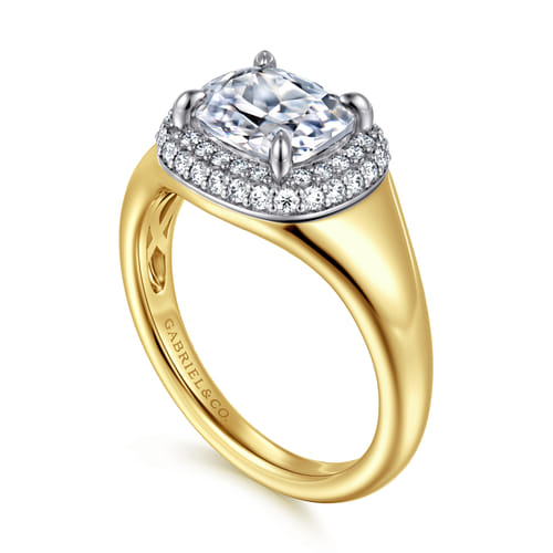 14K White-Yellow Gold Elongated Cushion Double Halo Diamond Engagement Ring