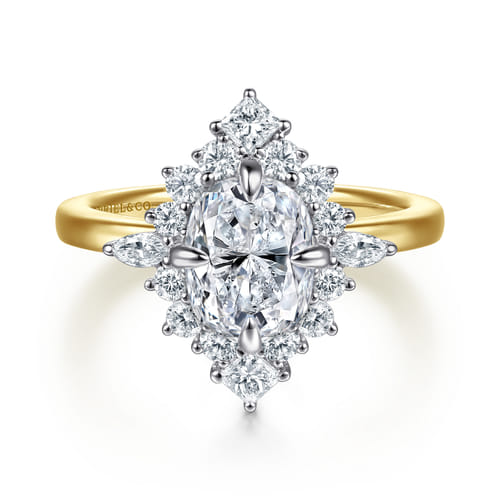 14K White-Yellow Gold Elongated Cushion Halo Diamond Engagement Ring