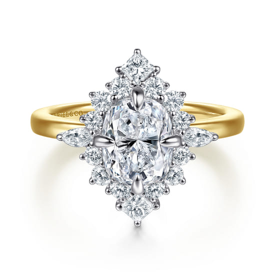 14K White-Yellow Gold Elongated Cushion Halo Diamond Engagement Ring