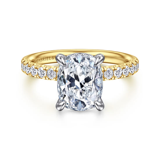 Gabriel - 14K White-Yellow Gold Elongated Cushion Hidden Halo Diamond Engagement Ring