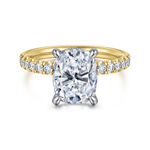 14K White-Yellow Gold Elongated Cushion Hidden Halo Diamond Engagement Ring