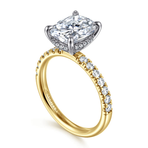 14K White-Yellow Gold Elongated Cushion Hidden Halo Diamond Engagement Ring