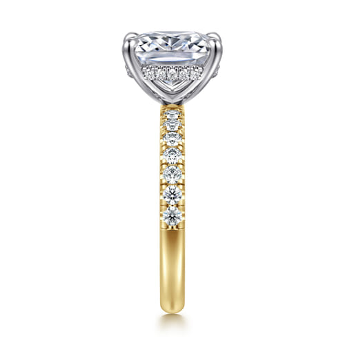 14K White-Yellow Gold Elongated Cushion Hidden Halo Diamond Engagement Ring