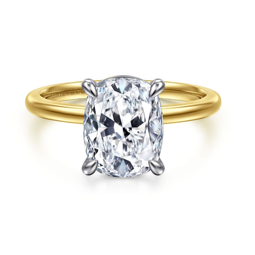 14K White-Yellow Gold Elongated Cushion Solitaire Diamond Engagement Ring