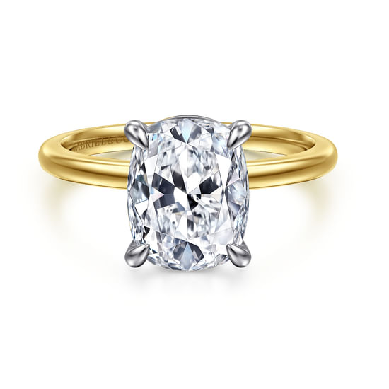 Gabriel - 14K White-Yellow Gold Elongated Cushion Solitaire Diamond Engagement Ring