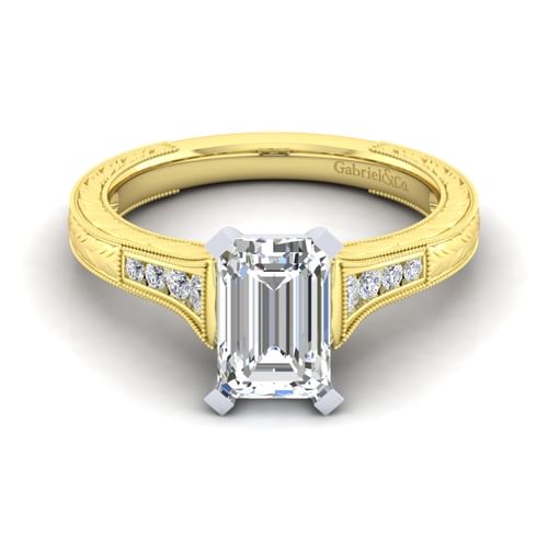 14K White-Yellow Gold Emerald Cut Diamond Channel Set Engagement Ring