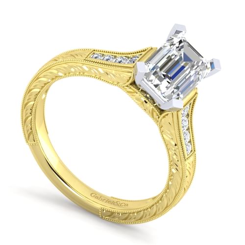 14K White-Yellow Gold Emerald Cut Diamond Channel Set Engagement Ring