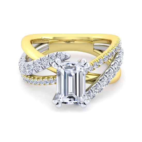 Gabriel - 14K White-Yellow Gold Emerald Cut Diamond Engagement Ring