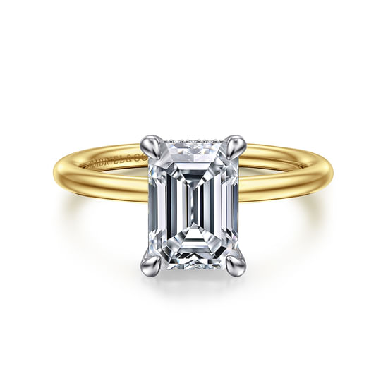Gabriel - 14K White-Yellow Gold Emerald Cut Hidden Halo Diamond Engagement Ring