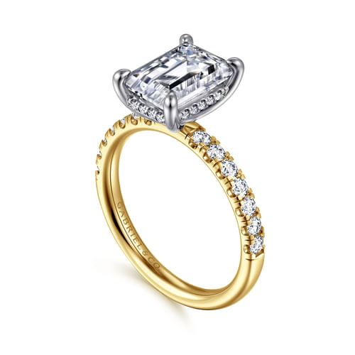 14K White-Yellow Gold Emerald Cut Hidden Halo Diamond Engagement Ring
