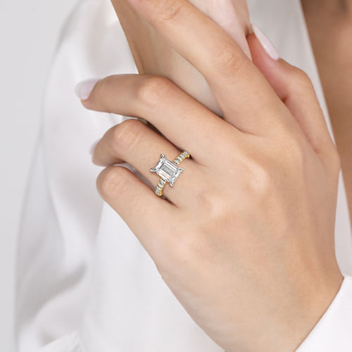 14K White-Yellow Gold Emerald Cut Hidden Halo Diamond Engagement Ring