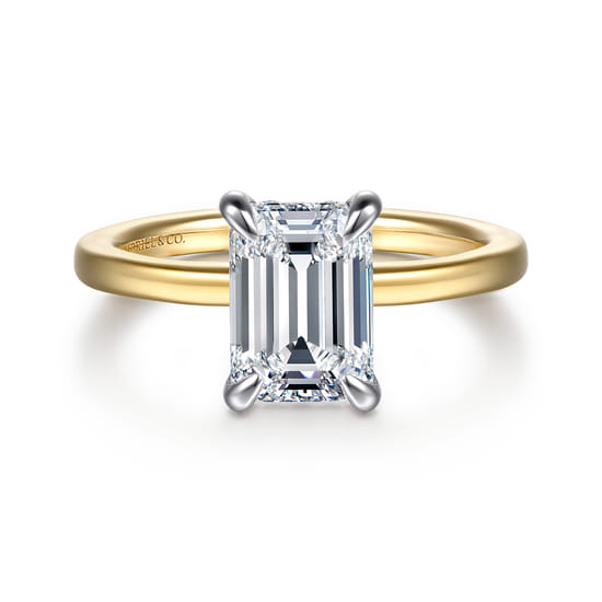 Gabriel - 14K White-Yellow Gold Emerald Cut Solitaire Diamond Engagement Ring