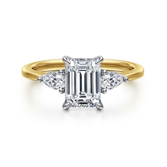 Gabriel - 14K White-Yellow Gold Emerald Cut Three Stone Diamond Engagement Ring