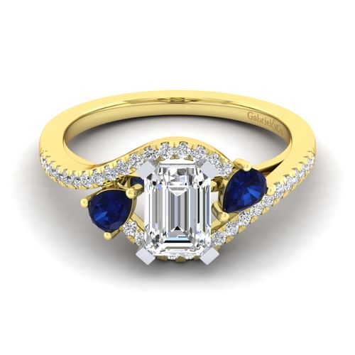 14K White-Yellow Gold Emerald Cut Three Stone Sapphire and Diamond Engagement Ring