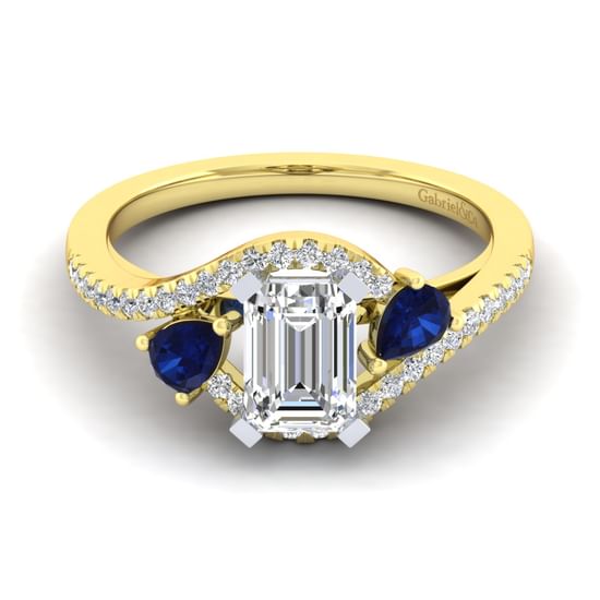 Gabriel - 14K White-Yellow Gold Emerald Cut Three Stone Sapphire and Diamond Engagement Ring