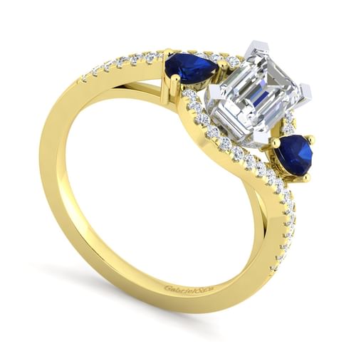 14K White-Yellow Gold Emerald Cut Three Stone Sapphire and Diamond Engagement Ring