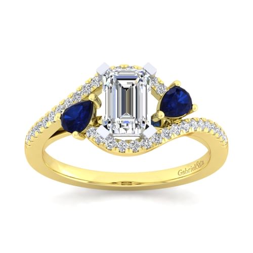 14K White-Yellow Gold Emerald Cut Three Stone Sapphire and Diamond Engagement Ring