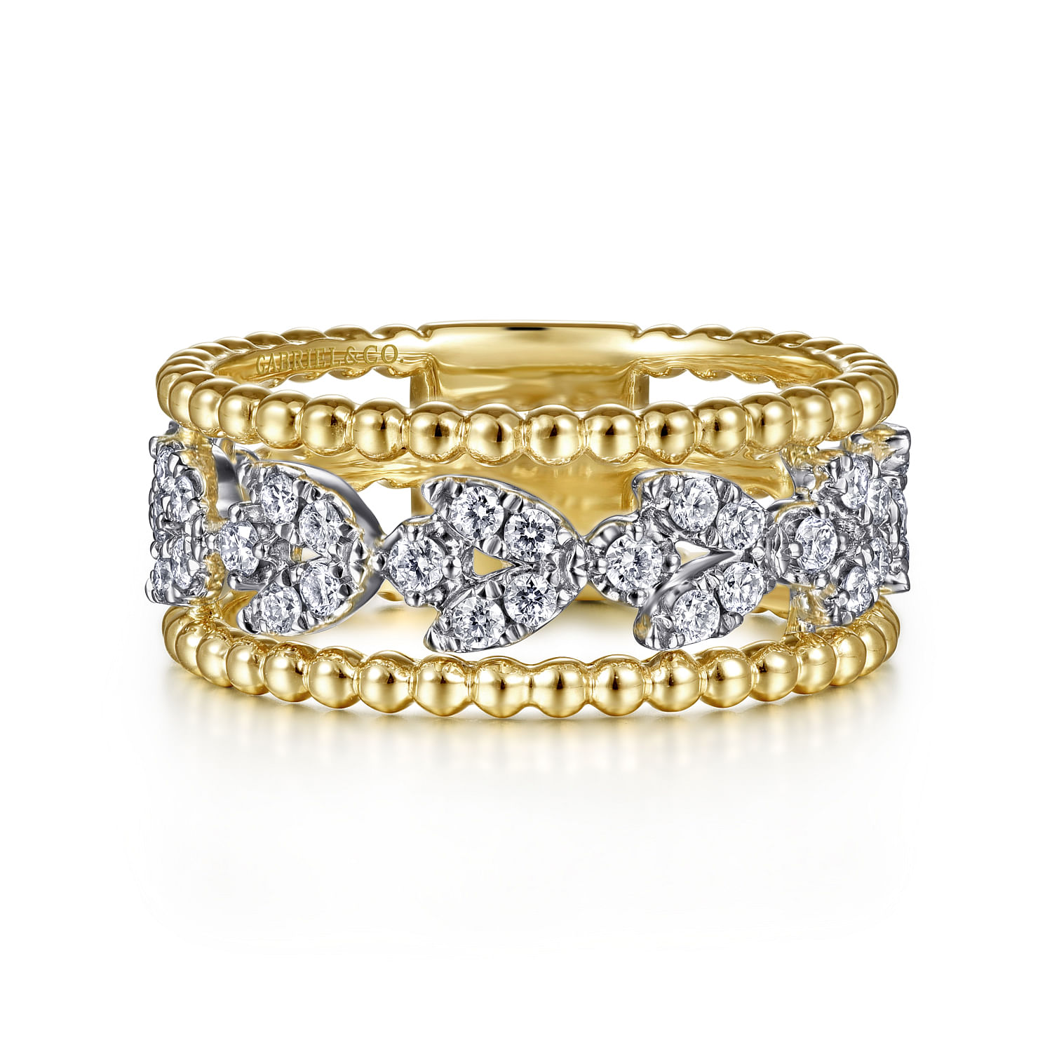 14K White-Yellow Gold Floral Diamond Clusters and Bujukan Bead Ring
