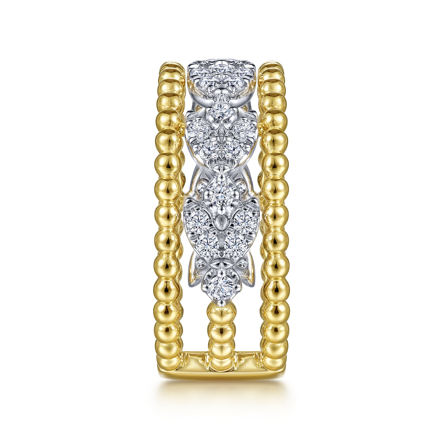 14K White-Yellow Gold Floral Diamond Clusters and Bujukan Bead Ring