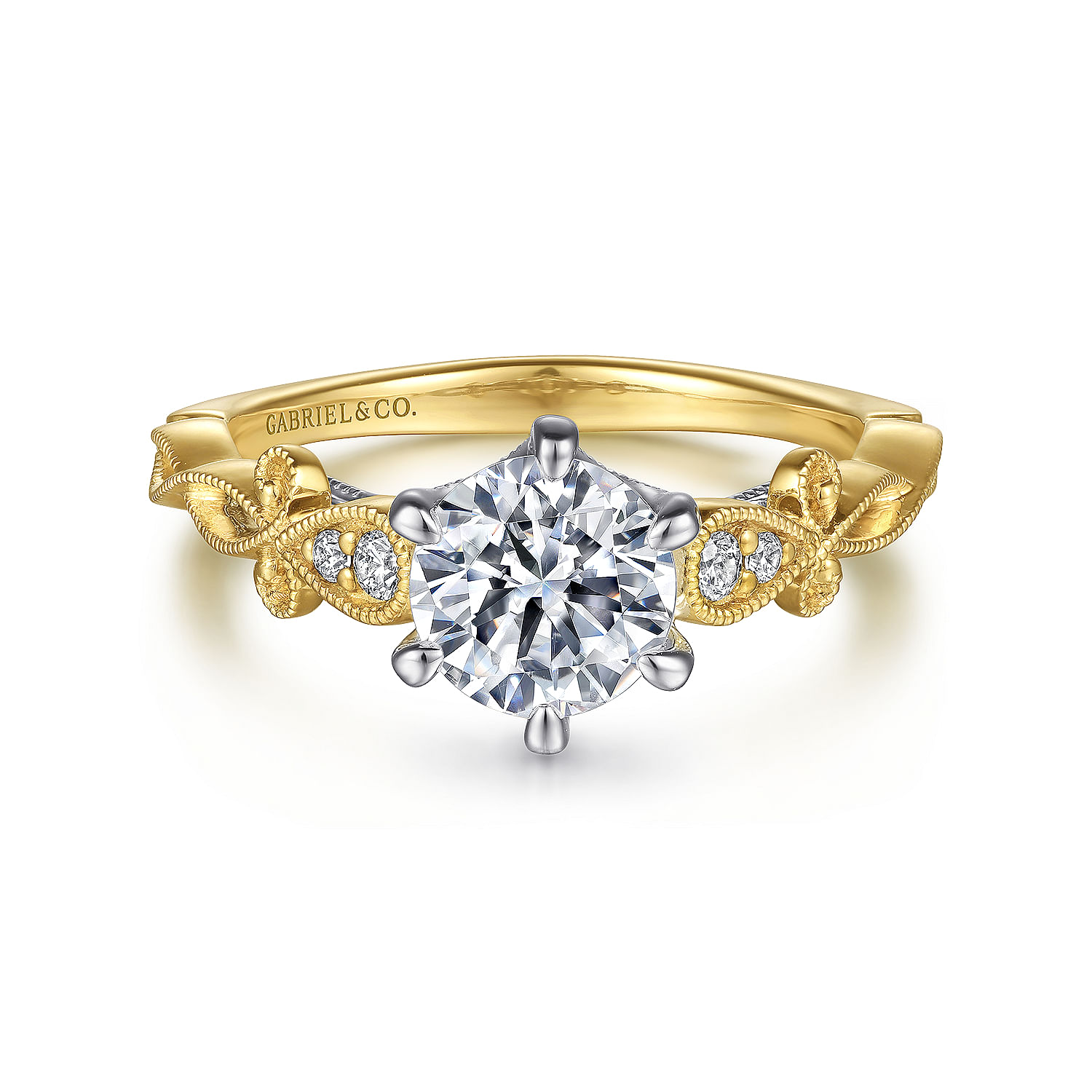 Gabriel - 14K White-Yellow Gold Floral Round Diamond Engagement Ring