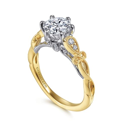 14K White-Yellow Gold Floral Round Diamond Engagement Ring