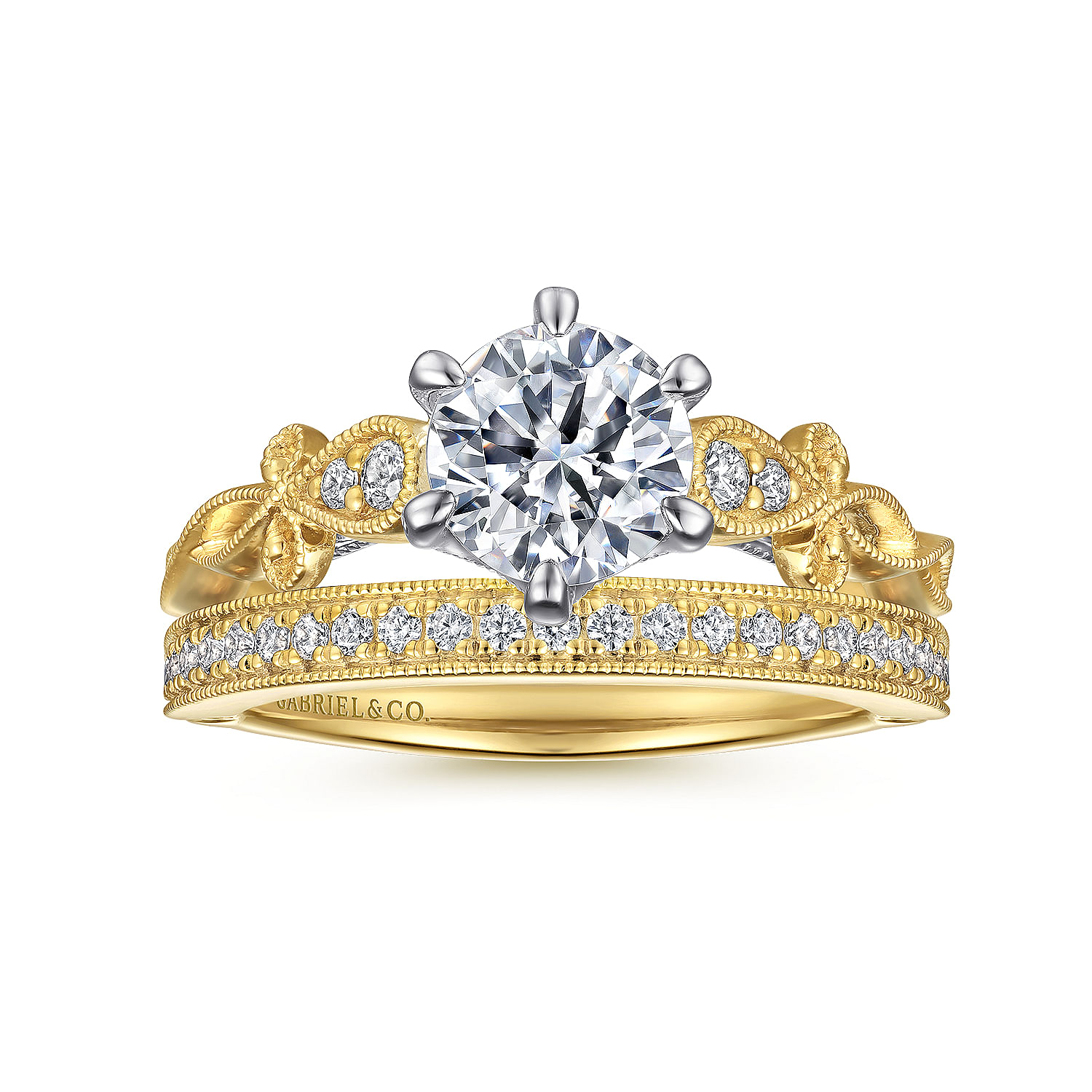 14K White-Yellow Gold Floral Round Diamond Engagement Ring