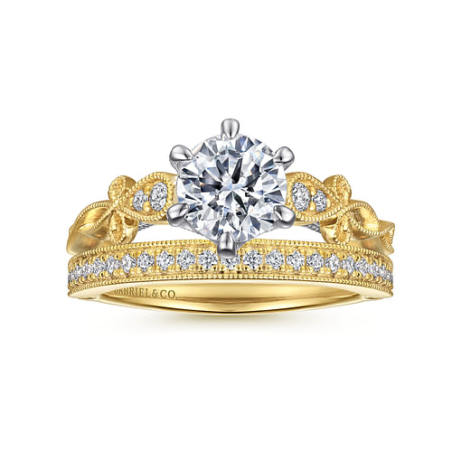 14K White-Yellow Gold Floral Round Diamond Engagement Ring